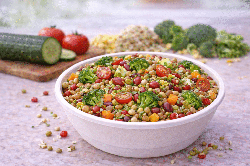 High protein sprout salad made with moong, chana, rajma, soybean and fresh vegetables in a healthy breakfast bowl in Indore