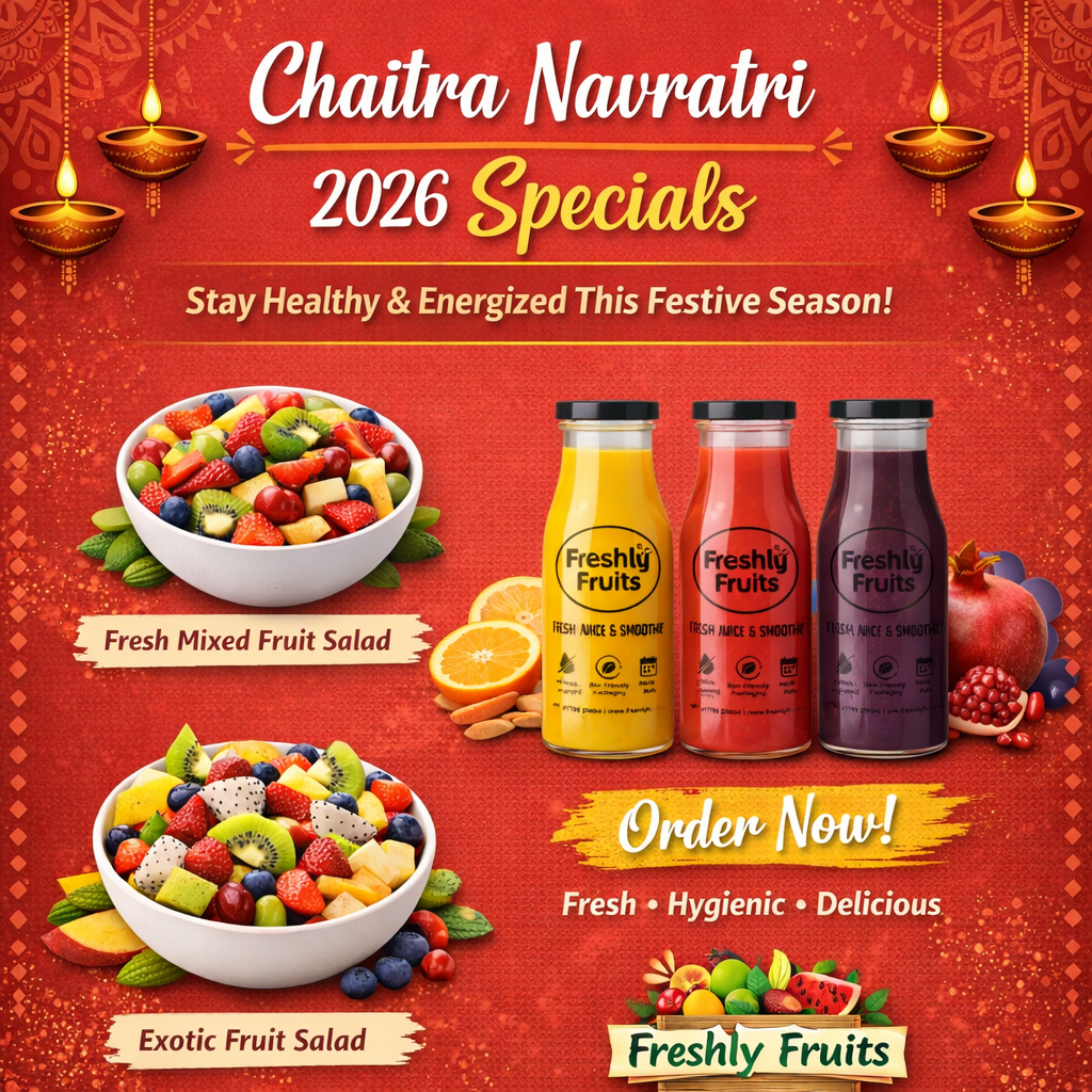 Chaitra Navratri 2026 Freshly Fruits poster with fresh fruit salad and juice bottles