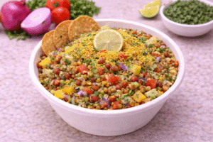 prout bhel made with mixed sprouts, fresh vegetables