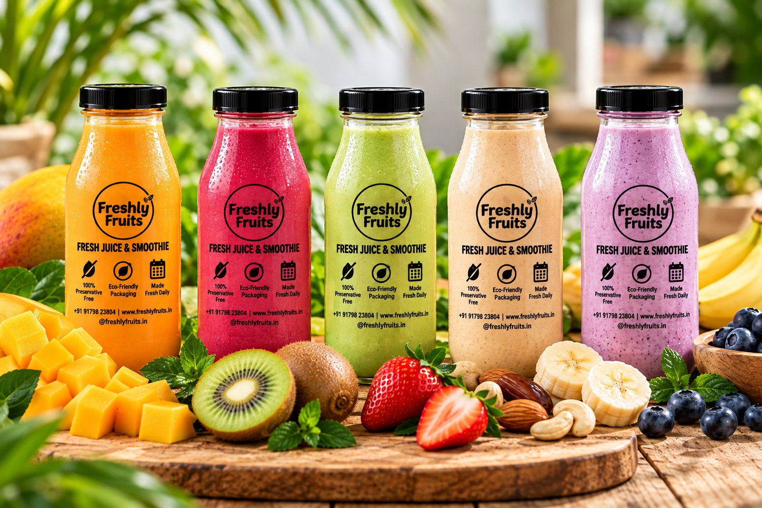 Freshly Fruits fruit smoothies in mango, kiwi, strawberry and other flavours